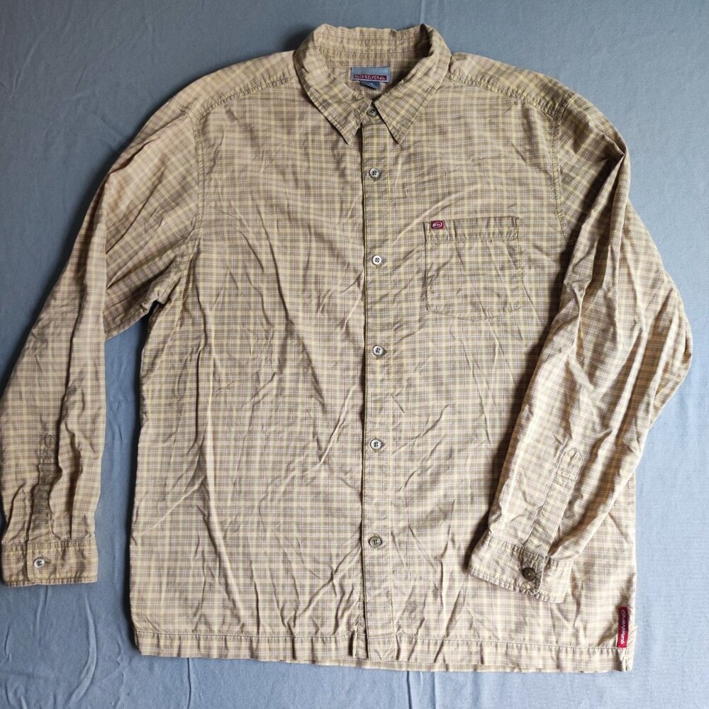 Quiksilver button down shirt men's size L mustard yellow checkered  long sleeve